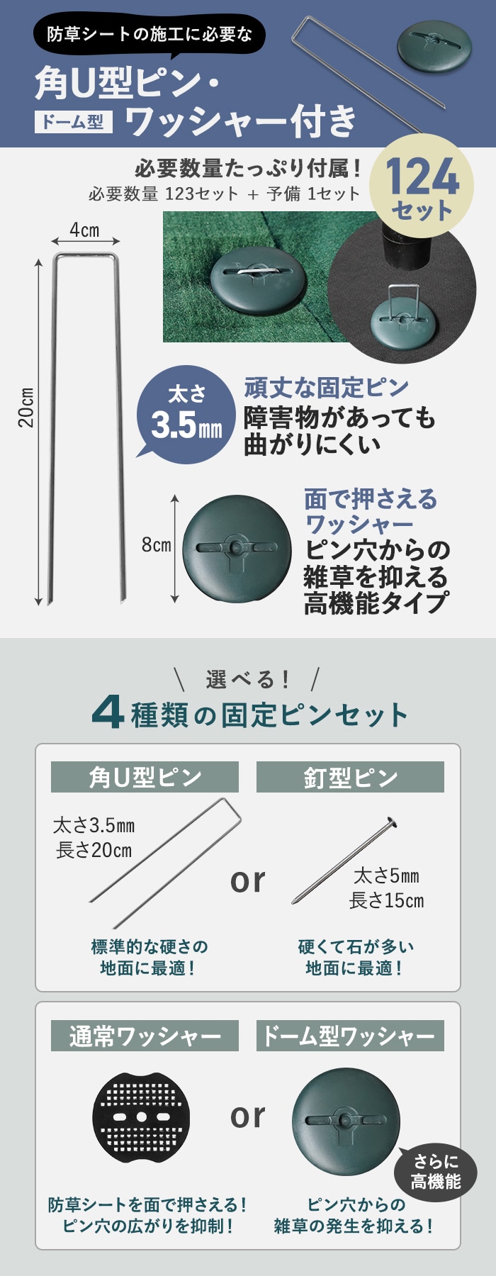 防草シート ピン付き 高機能ワッシャー 10年耐用 1m×20m 不織布 高密度防草シート