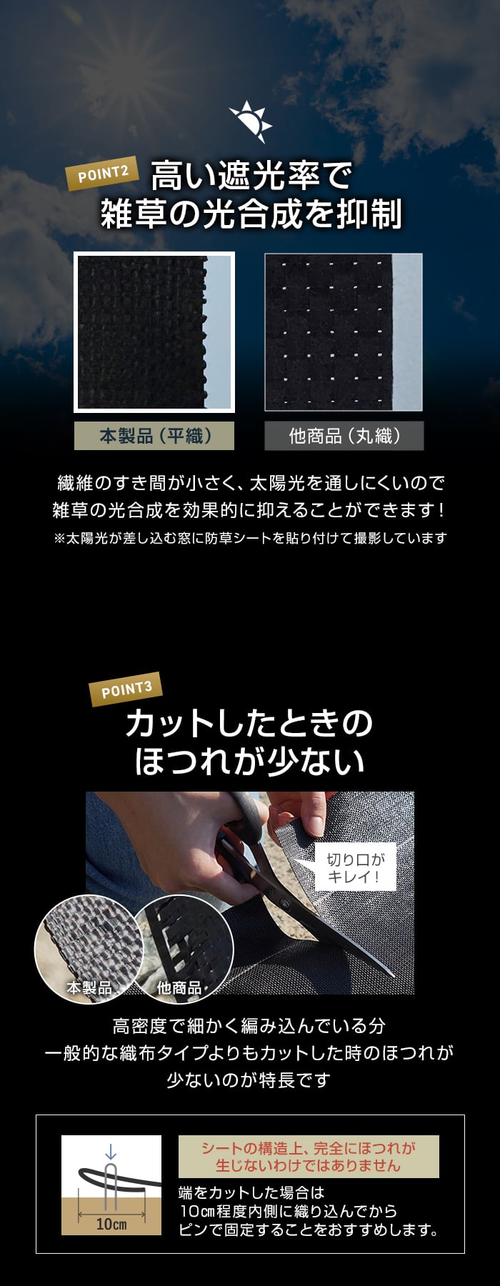 高い遮光率で雑草の光合成を抑制、カットしたときのほつれが少ない