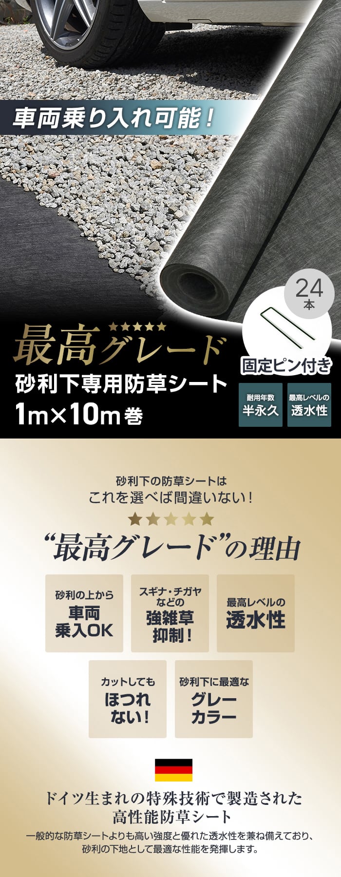 防草シート ピン付き 不織布 砂利下用 ハードタイプ 半永久 1m×10m巻 グレー