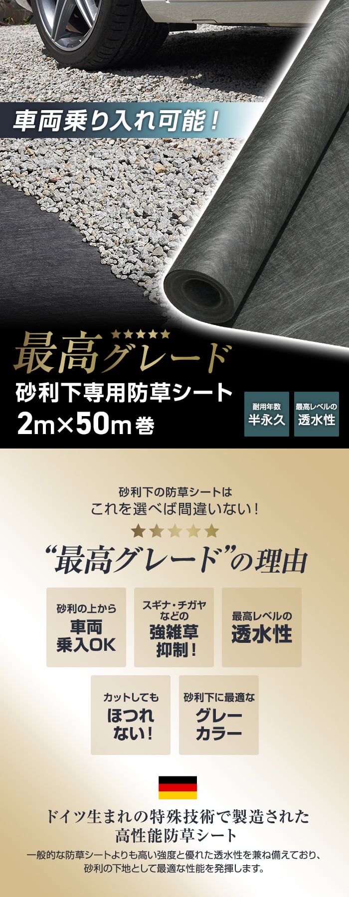 防草シート 不織布 砂利下用 ハードタイプ 半永久 2m×50m巻 グレー