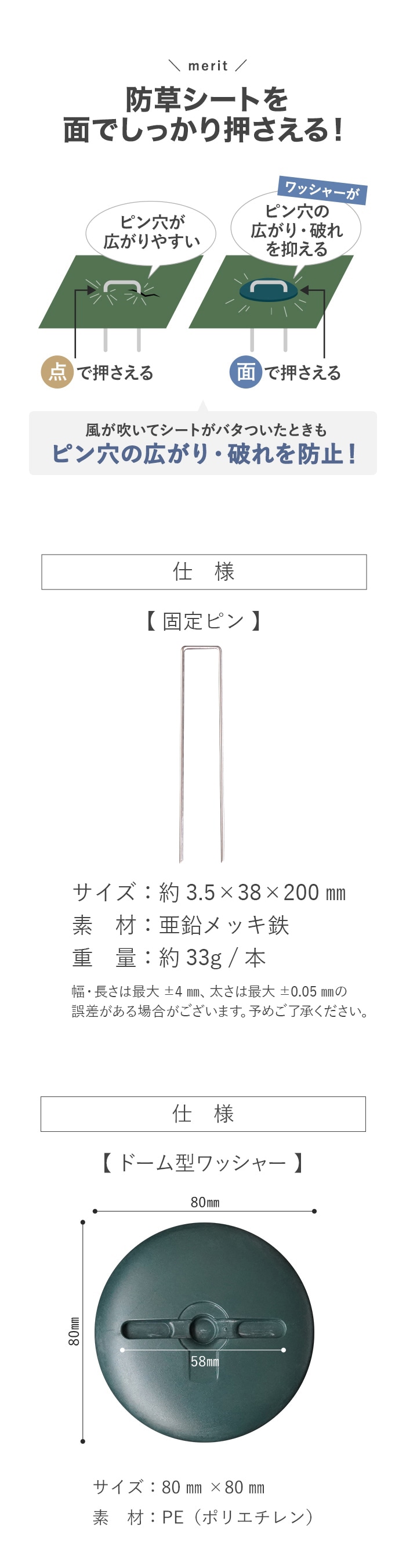 防草シート ピン 20cm ドーム型ワッシャー付き 100本セット 角U型ピン