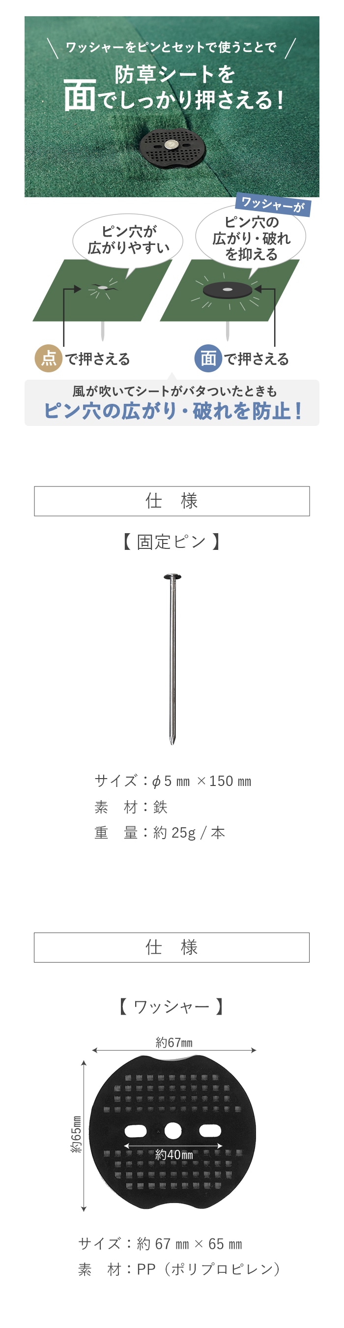 防草シート ピン 15cm 釘 ワッシャー付き 100本セット 押さえピン 固定ピン