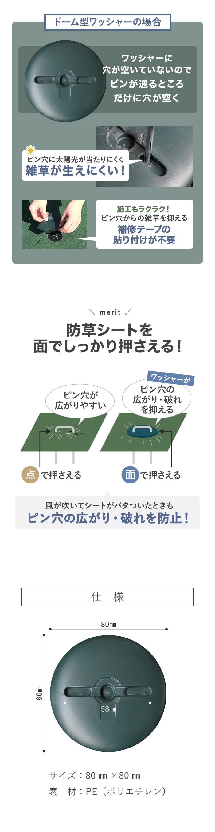 防草シート ワッシャー ドーム型 500個セット 押さえ板 黒丸