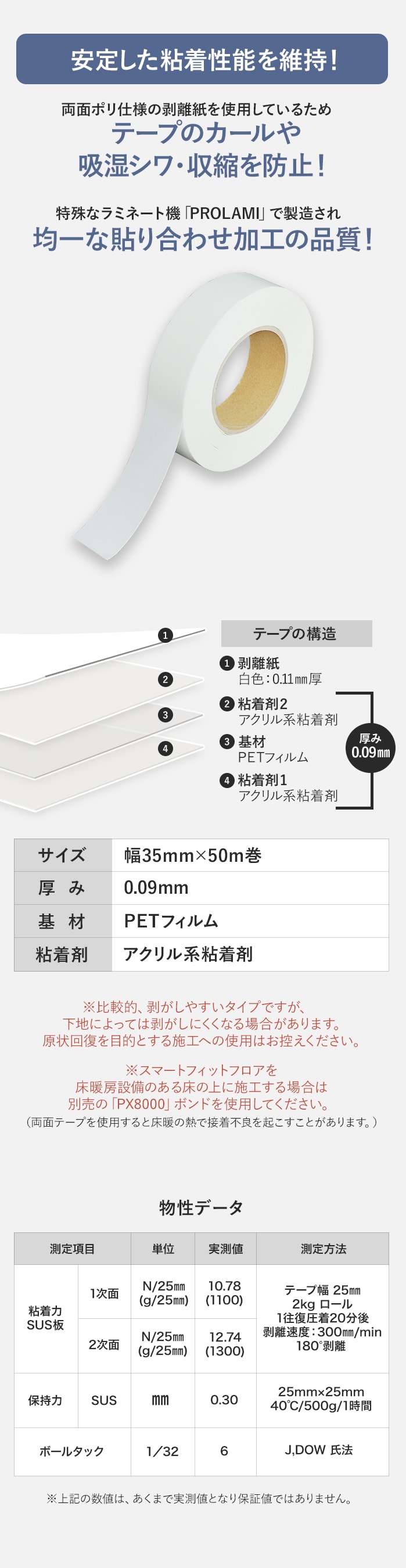 【上貼り用】 スマートフィットフロア専用 両面テープ 巾35mm×50m巻 0.09mm厚