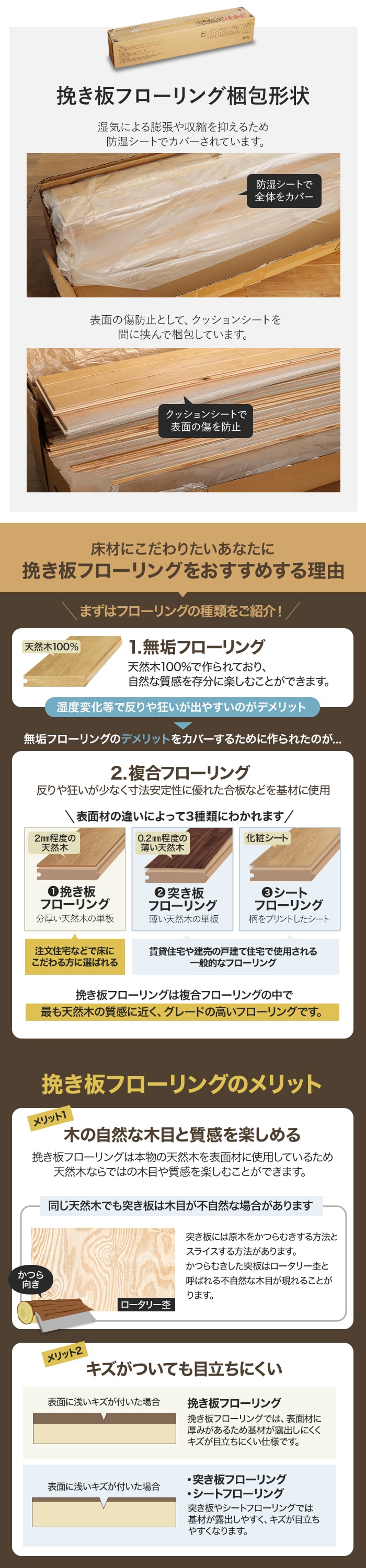 挽き板フローリング梱包形状、挽き板フローリングをおすすめする理由、挽き板フローリングのメリット