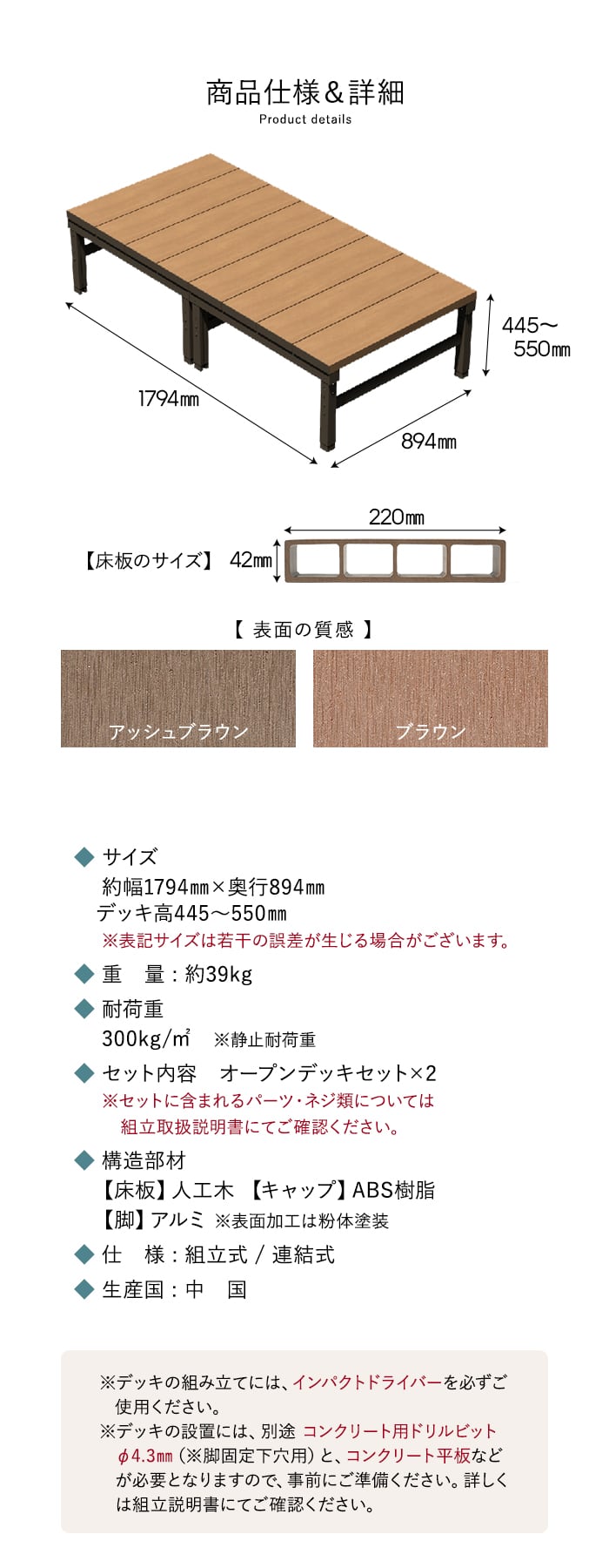 人工木ウッドデッキ ユニットデッキII オープンタイプ 0.5坪 （1794×894mm）