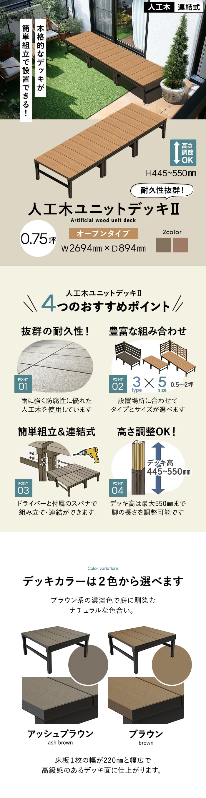 人工木ウッドデッキ ユニットデッキII オープンタイプ 0.75坪 （2694×894mm）