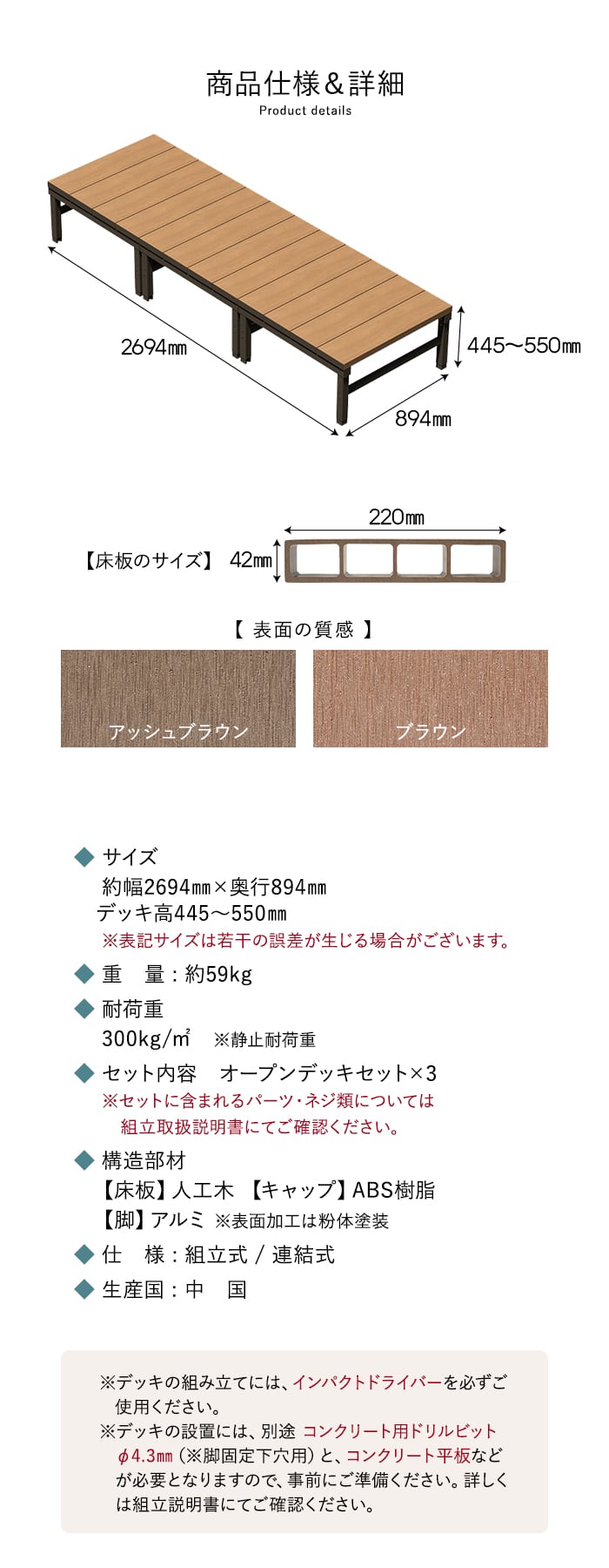 人工木ウッドデッキ ユニットデッキII オープンタイプ 0.75坪 （2694×894mm）