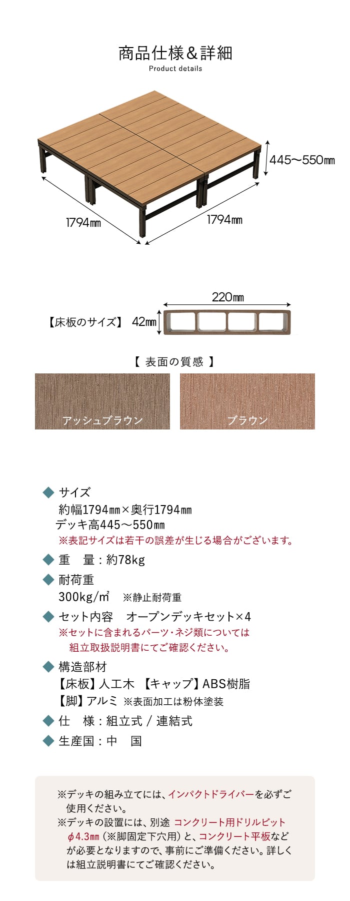 人工木ウッドデッキ ユニットデッキII オープンタイプ 1.0坪 （1794×1794mm）