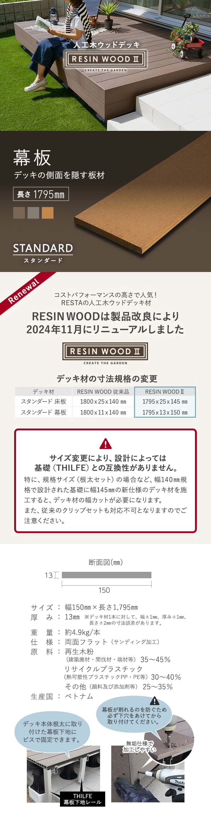 人工木ウッドデッキ RESINWOOD2 スタンダード 幕板 150×13×1795mm