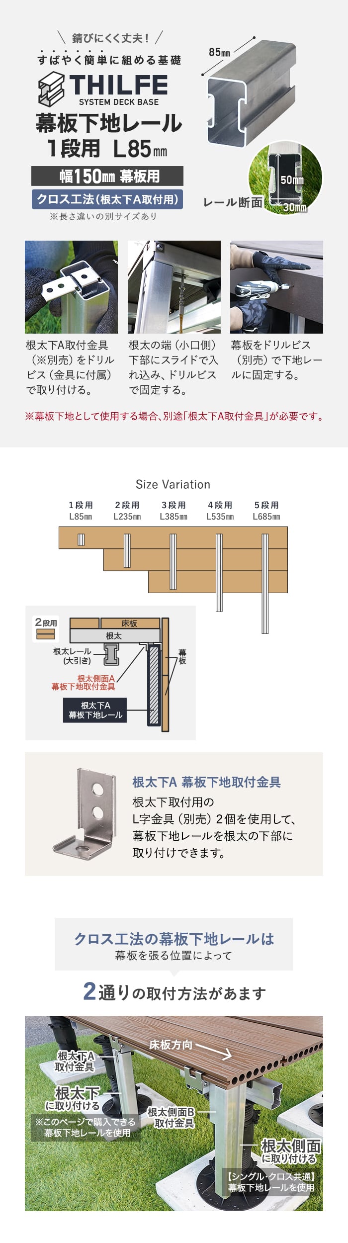 【クロス工法用】 幅150mm規格 THILFE 幕板下地レール 1段用 85mm　（根太下A用）