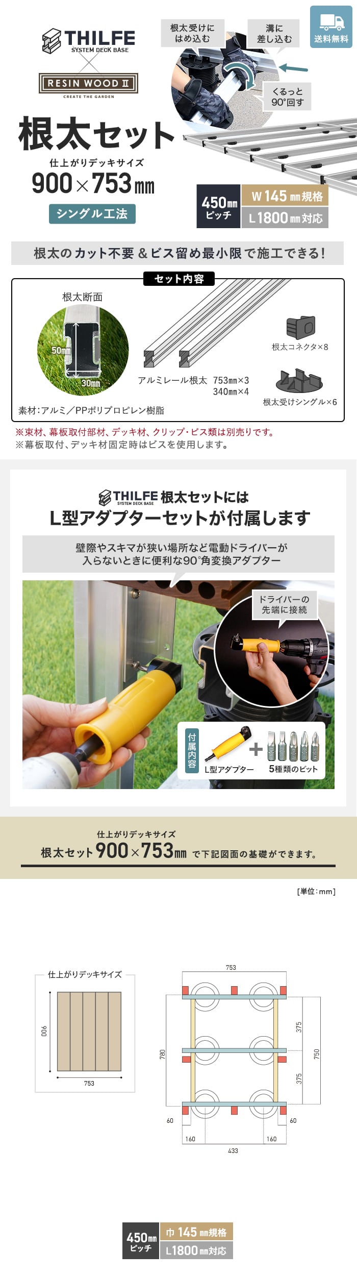 【シングル工法】 【RESINWOODII 450ピッチ W145規格 L1800対応】 THILFE 根太セット 900×753mm