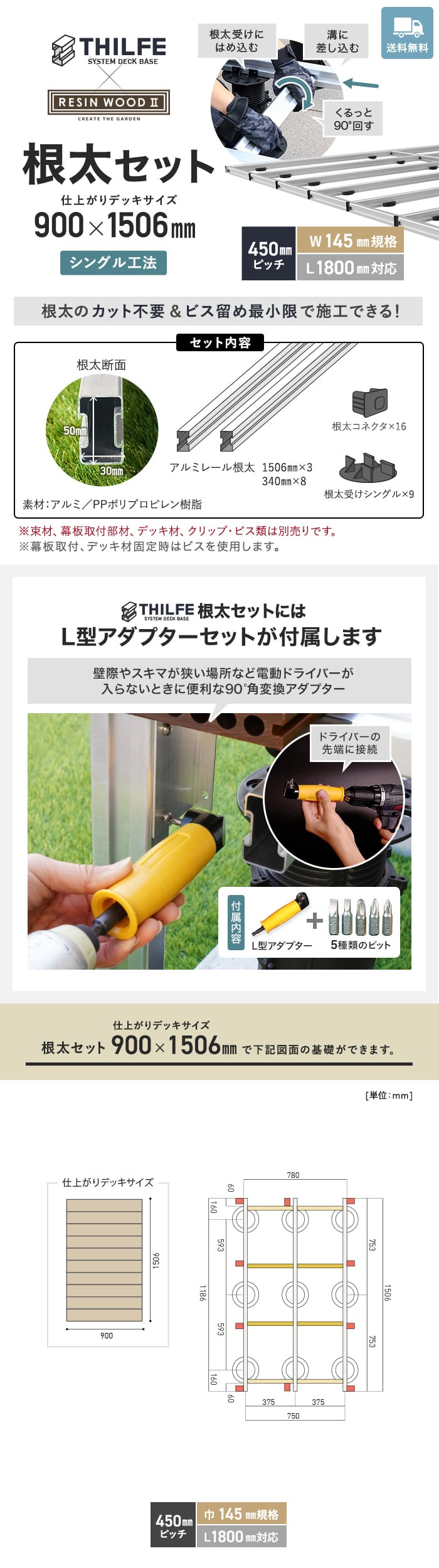 【シングル工法】 【RESINWOODII 450ピッチ W145規格 L1800対応】 THILFE 根太セット 900×1506mm