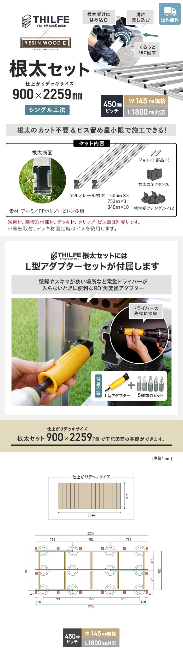 【シングル工法】 【RESINWOODII 450ピッチ W145規格 L1800対応】 THILFE 根太セット 900×2259mm