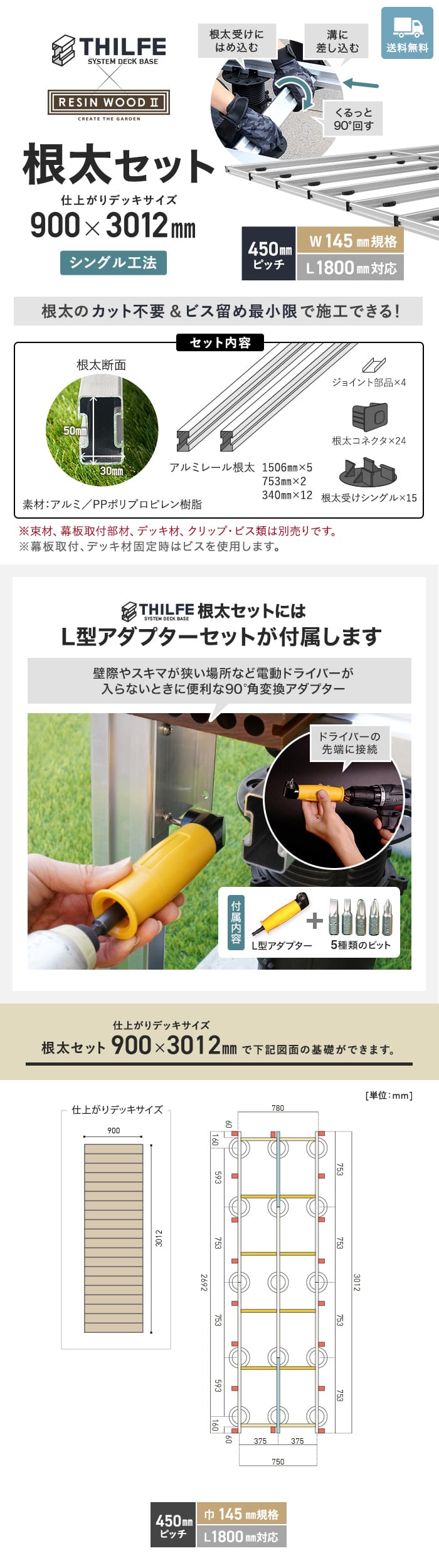 【シングル工法】 【RESINWOODII 450ピッチ W145規格 L1800対応】 THILFE 根太セット 900×3012mm