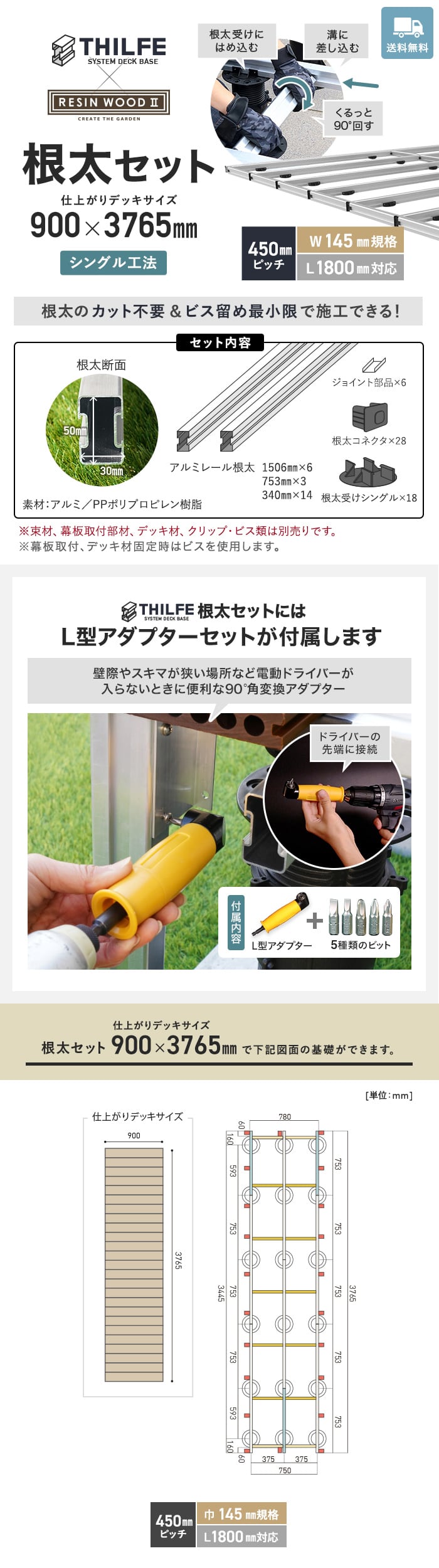 【シングル工法】 【RESINWOODII 450ピッチ W145規格 L1800対応】 THILFE 根太セット 900×3765mm