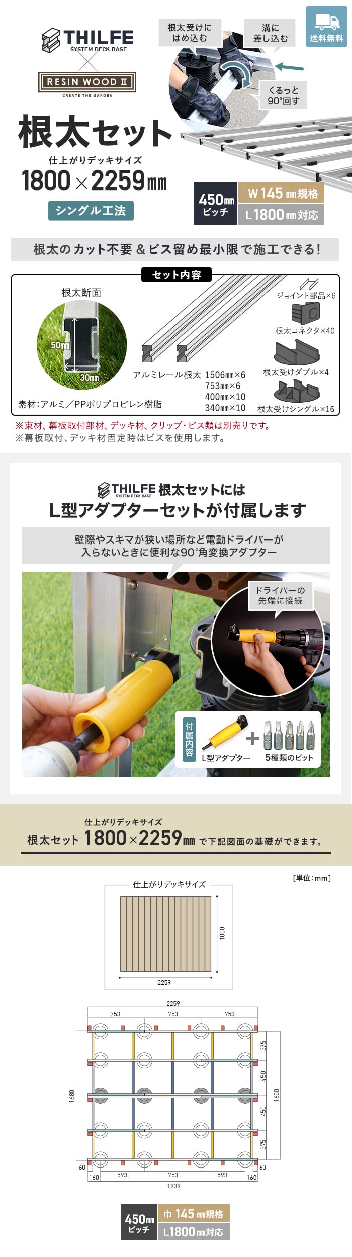 【シングル工法】 【RESINWOODII 450ピッチ W145規格 L1800対応】 THILFE 根太セット 1800×2259mm