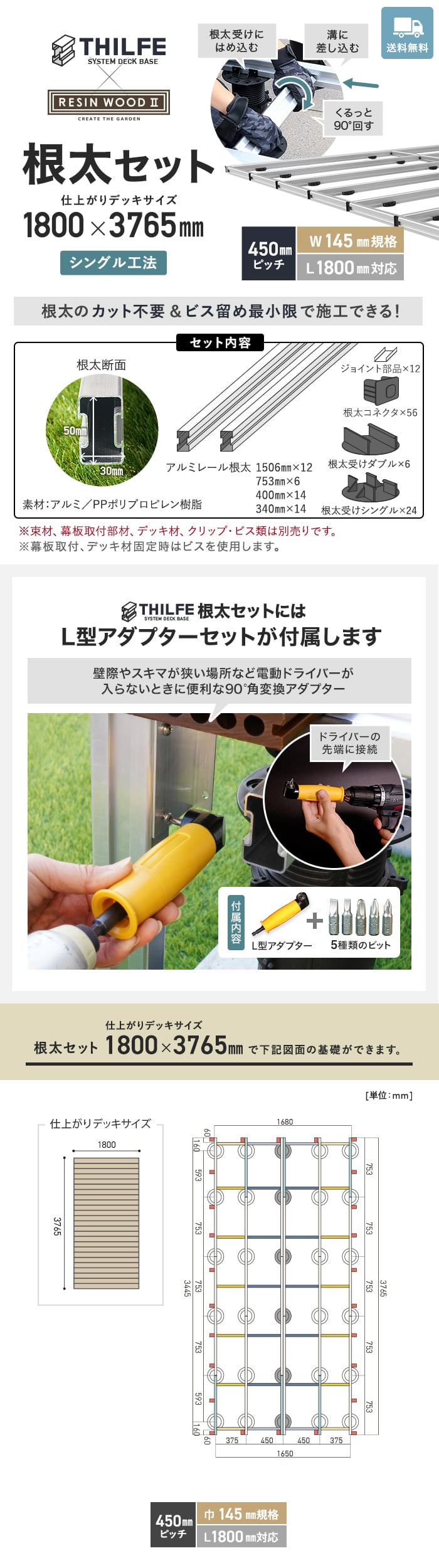 【シングル工法】 【RESINWOODII 450ピッチ W145規格 L1800対応】 THILFE 根太セット 1800×3765mm