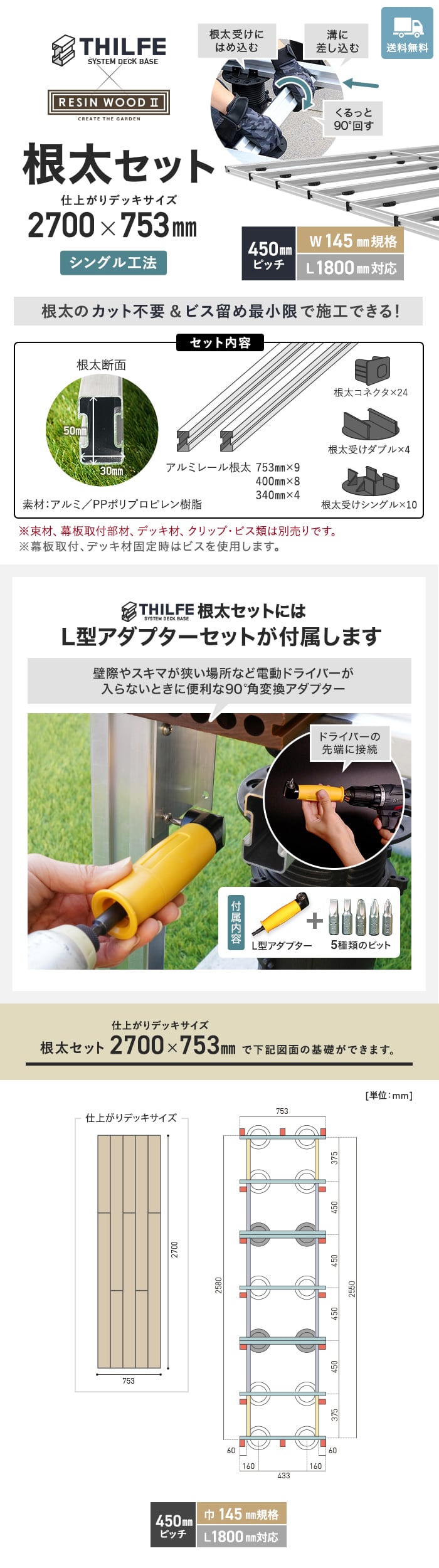 【シングル工法】 【RESINWOODII 450ピッチ W145規格 L1800対応】 THILFE 根太セット 2700×753mm