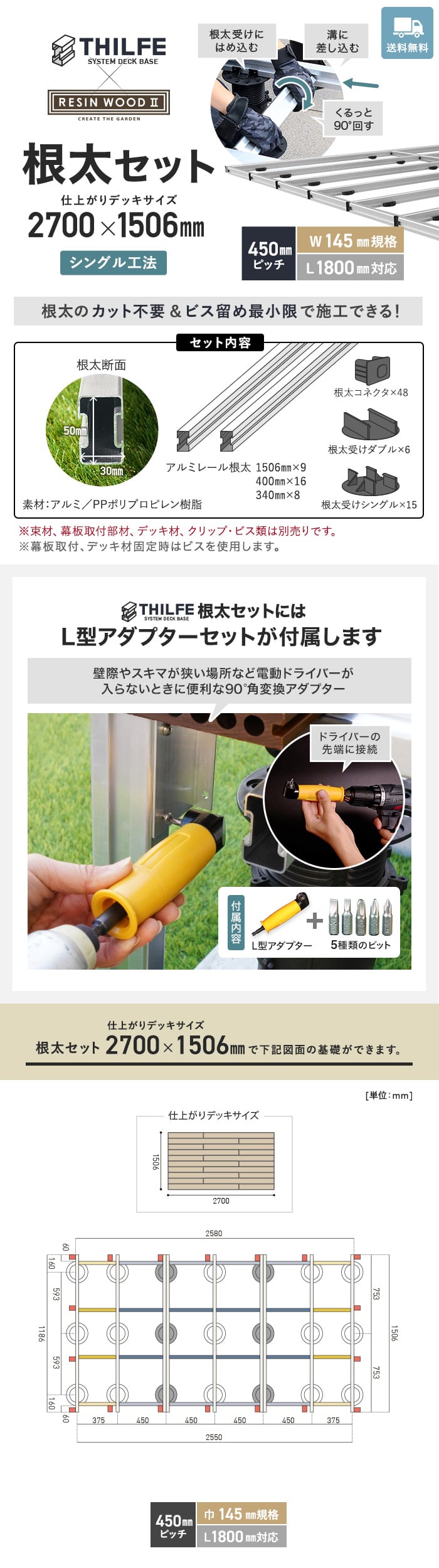 【シングル工法】 【RESINWOODII 450ピッチ W145規格 L1800対応】 THILFE 根太セット 2700×1506mm