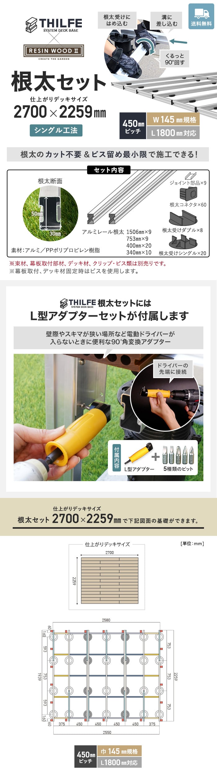 【シングル工法】 【RESINWOODII 450ピッチ W145規格 L1800対応】 THILFE 根太セット 2700×2259mm