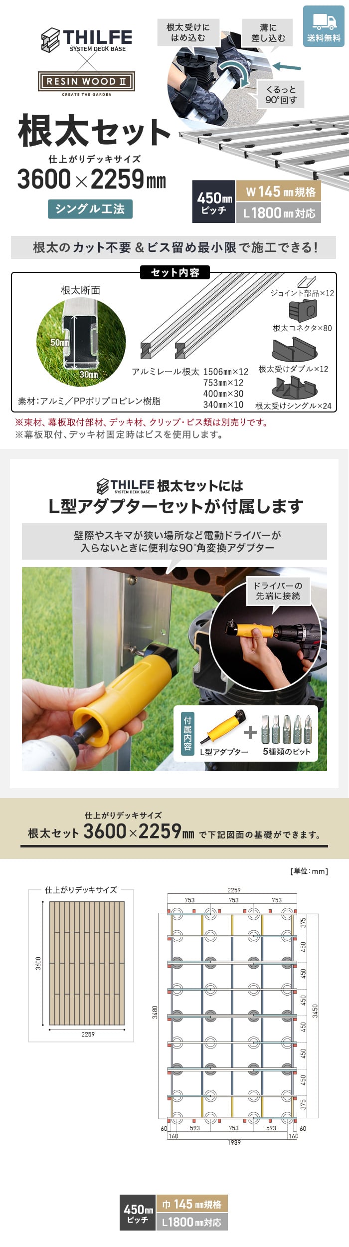 【シングル工法】 【RESINWOODII 450ピッチ W145規格 L1800対応】 THILFE 根太セット 3600×2259mm