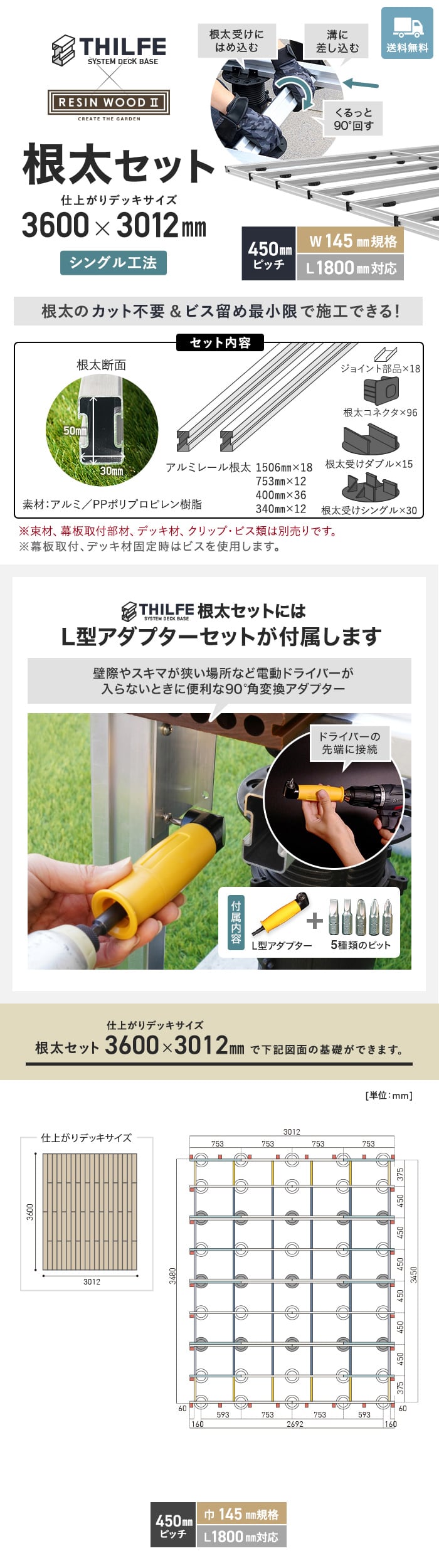 【シングル工法】 【RESINWOODII 450ピッチ W145規格 L1800対応】 THILFE 根太セット 3600×3012mm