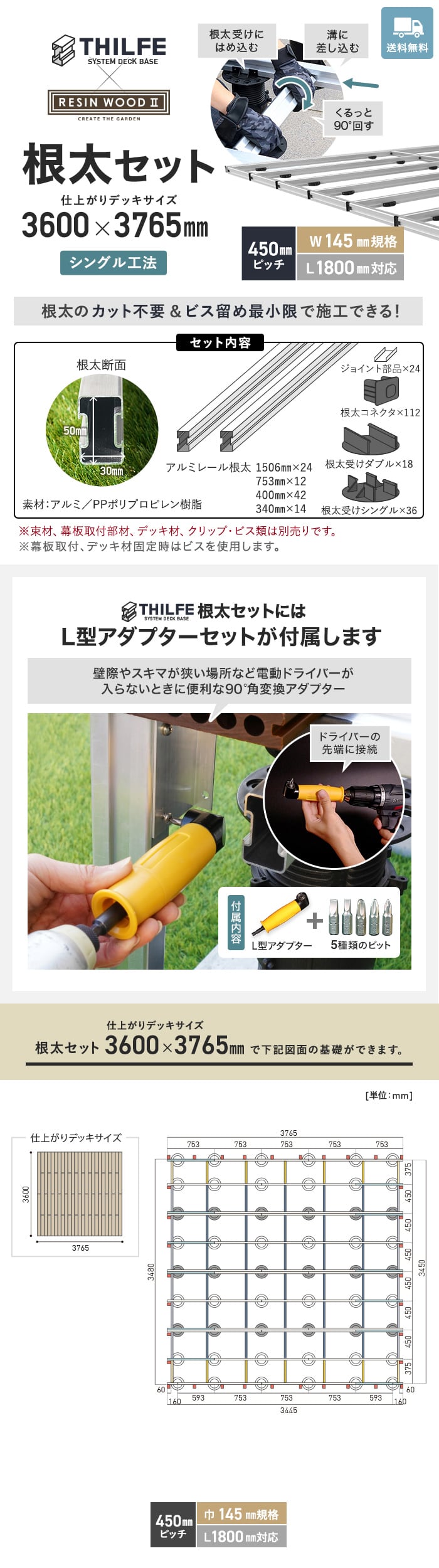 【シングル工法】 【RESINWOODII 450ピッチ W145規格 L1800対応】 THILFE 根太セット 3600×3765mm